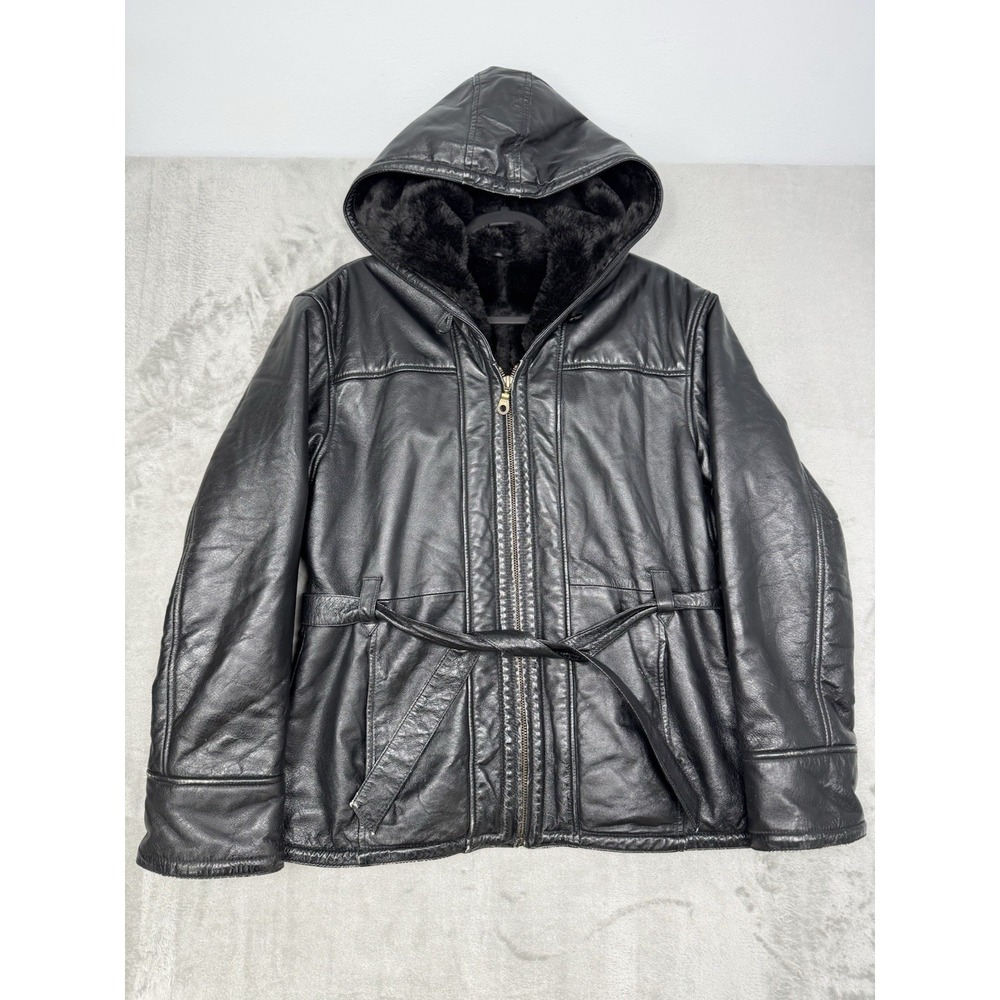 Vintage Wilsons Leather Jacket Womens Medium Hooded Belted Faux Fur Moto 90s Y2K